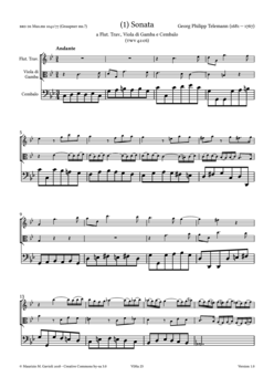 G.P. Telemann, 5 Trio sonatas flt., vdg & B.c. - Score sample